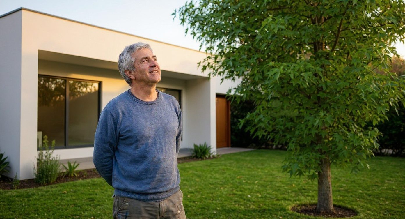 Dueño de casa contento mirando su árbol bien cuidado